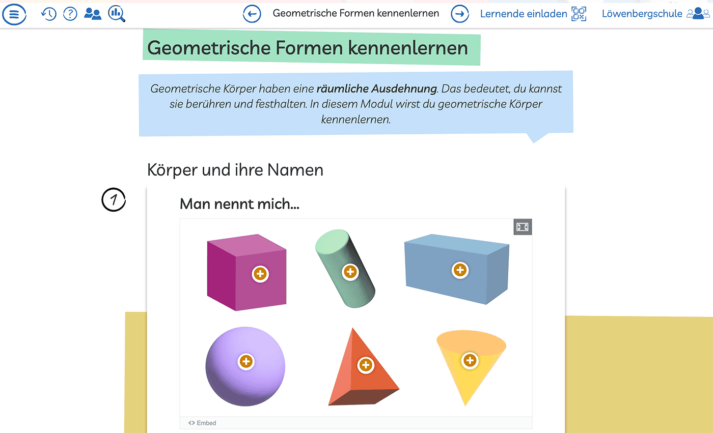 Ein interaktiver Lernpfad bei den Lernwelten Modulen mit einem Hinweistext und einer interaktiven Übung, bei der verschiedene geometrische Formen benennen soll