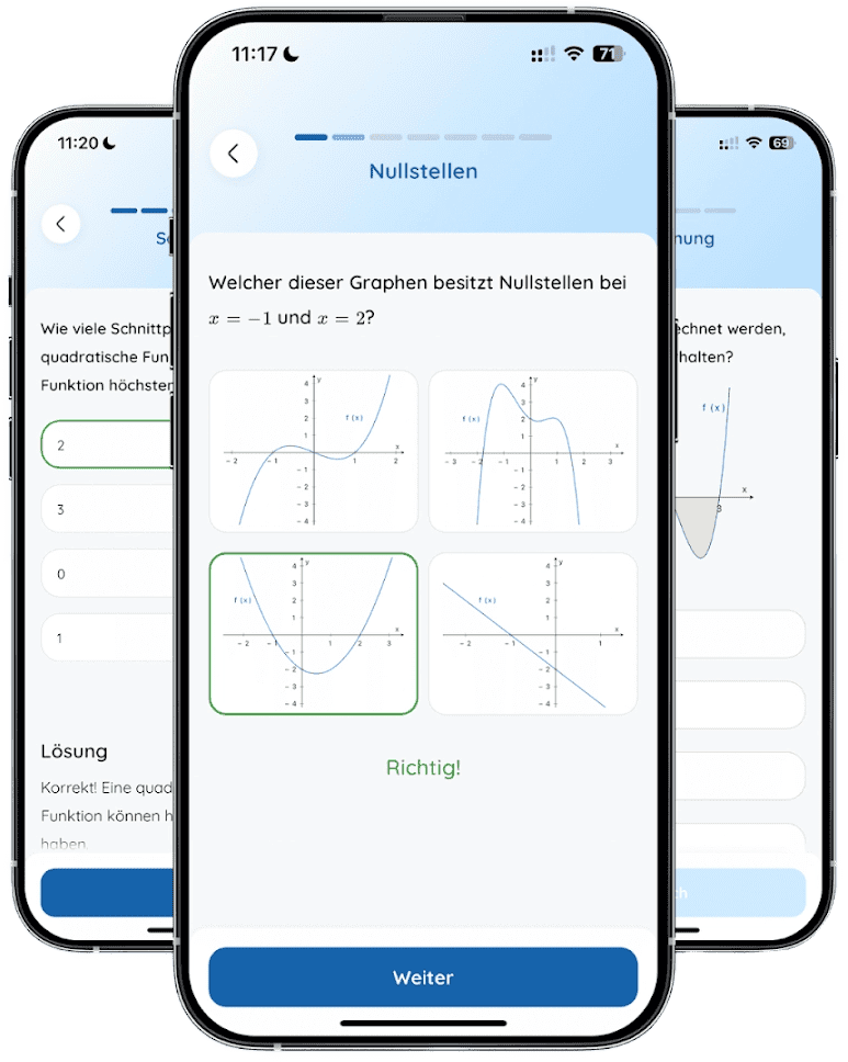 Ein Smartphone mit einem Multiple-Choice-Quiz in Studyspace mit der Frage: Welcher dieser Graphen besitzt eine Nullstelle bei x=–1 und x=2? Die Antwortmöglichkeiten sind verschiedene Graphen.