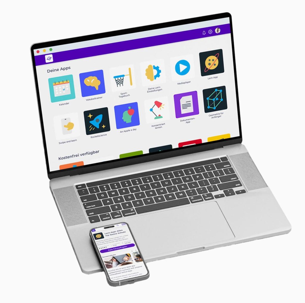 Mockup vom Eduplaces Dashboard auf einem Laptop und Smartphone von Du alle Apps für Deine Schule mit nur einem Login erreichen kannst